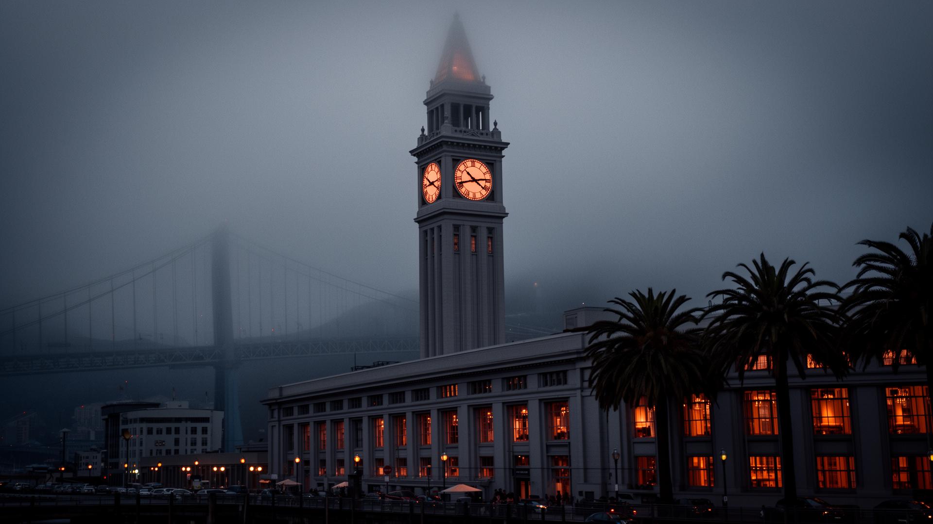 Ferry Building clocktower on the San Francisco Embarcadero at dusk with the Bay Bridge in fog