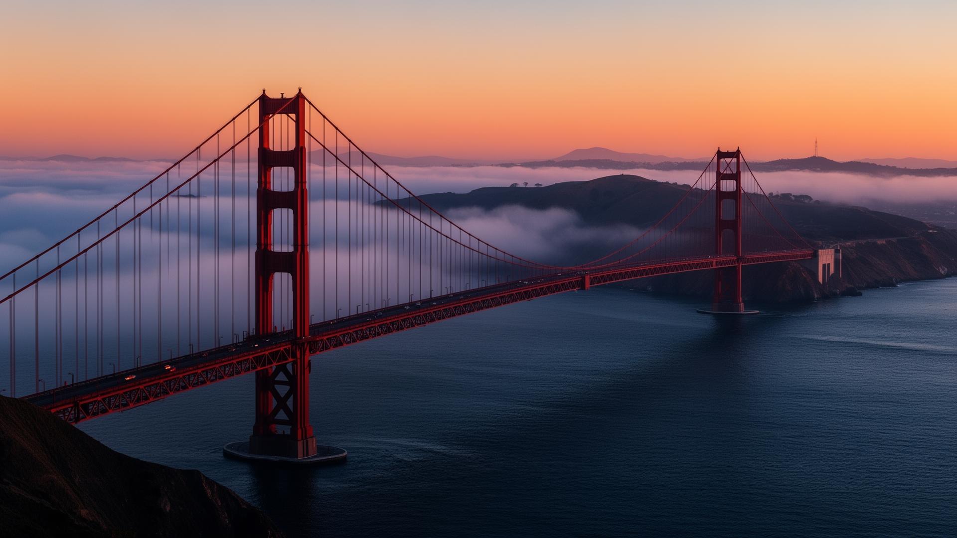 Golden Gate Bridge at sunrise rising above the fog