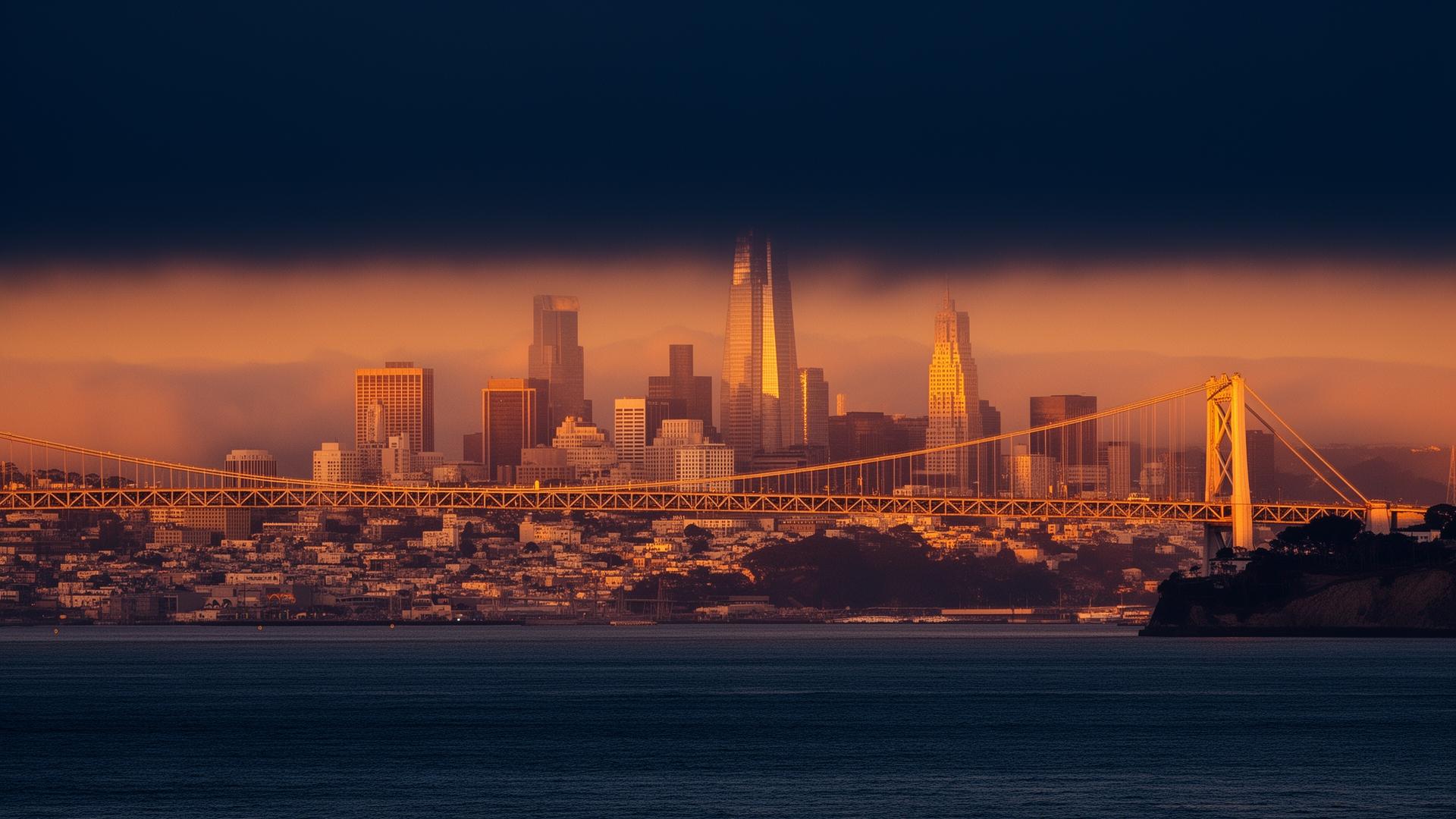 San Francisco skyline with the Bay Bridge at golden hour, fog rolling over the Financial District