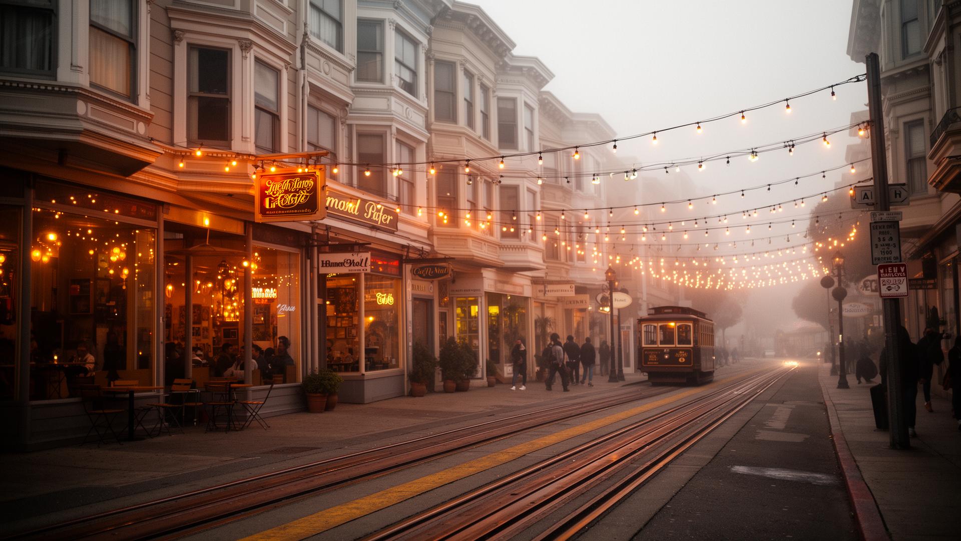 A foggy San Francisco neighborhood corridor with Victorian storefronts and a cable car